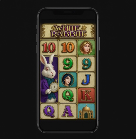 An image of a black background with a mobile phone in the centre with an Alice in Wonderland themed slot game on the screen