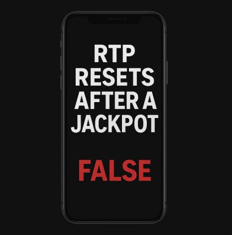 An image of a black background with a mobile phone in the centre with white text saying RTP RESETS AFTER A JACKPOT and red text underneath saying FALSE