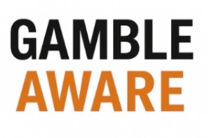 A white background with GAMBLE written in black text and AWARE in orange text