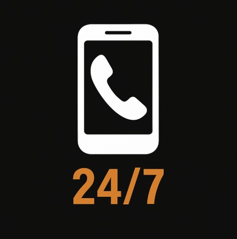 A black background with a mobile phone image in the centre with a handset in it in white and 24/7 written underneath in orange text