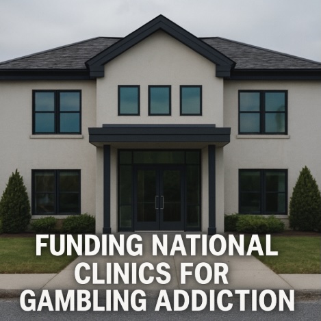 A outdoor setting with a building in the background and white text saying FUNDING NATIONAL CLINICS FOR GAMBLING ADDICTION across the bottom