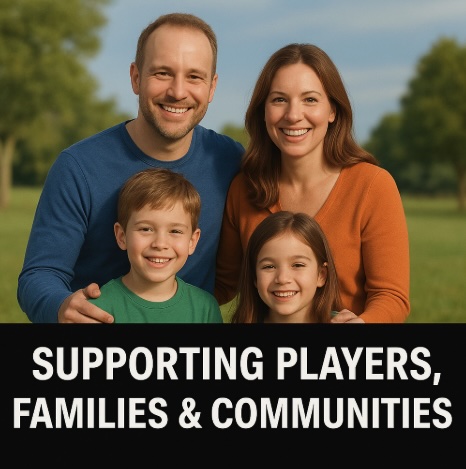 An image of a family outdoors with text underneath in white on a black background saying SUPPORTING PLAYERS, FAMILIES AND COMMUNITIES