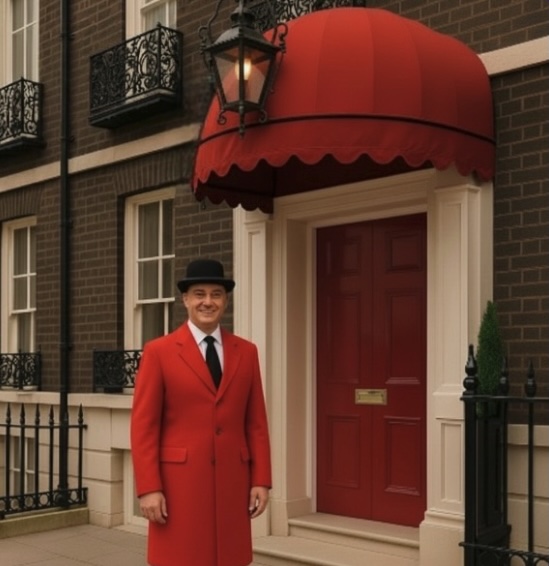 A London terrace house with a man standing outside in a knee length red jacket, a white shirt and black tie with a black bowler hat on outside the front entrance with a red door a canopy above