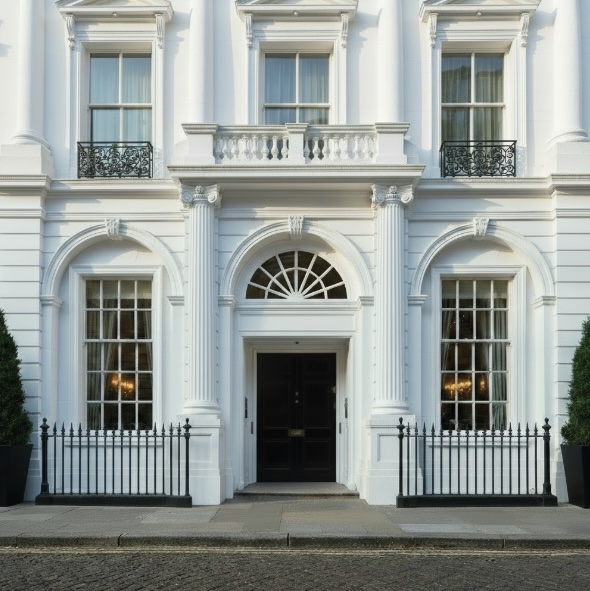 A street view of the entrance to a white painted elaborate building in London with a black front door and iron railings