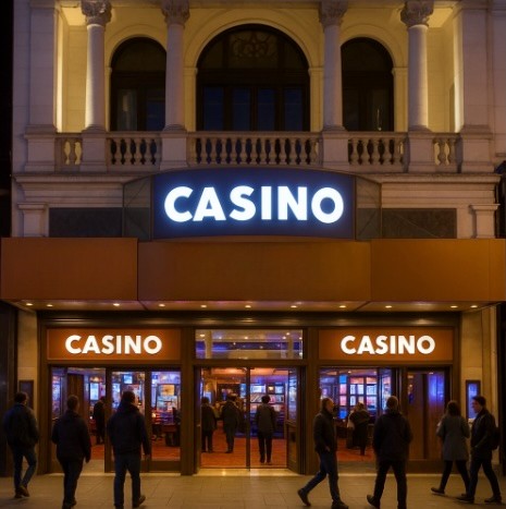 An outside view of a casino in london at night with people walking past and the signs lit up