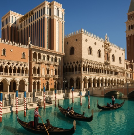 An outside image of a hotel in Las Vegas with gondolas out the front in the water
