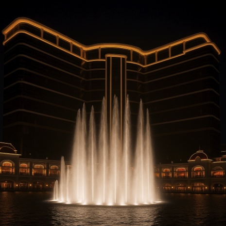 A nigh time image of a hotel in Macau with a glowing fountain out the front