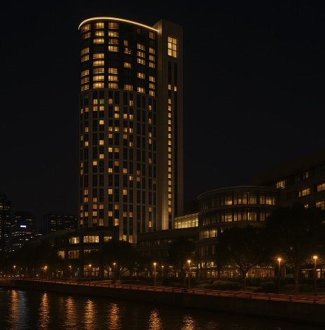 A night time image of a hotel in Melbourne Australia over looking the water