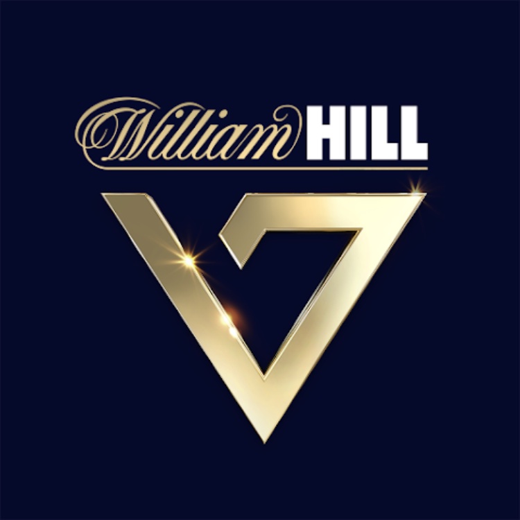 A dark blue background with the gold William Hill logo in the centre of the image, William written in gold text and HILL written in bold white text above the logo