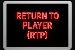 A black background with a silver ipad in the centre of the image with RETURN TO PLAYER (RTP) written on it in neon red text
