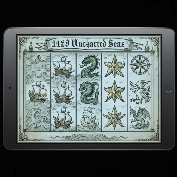 Black background with a nautical themed slot game on the screen with sea creatures and ships