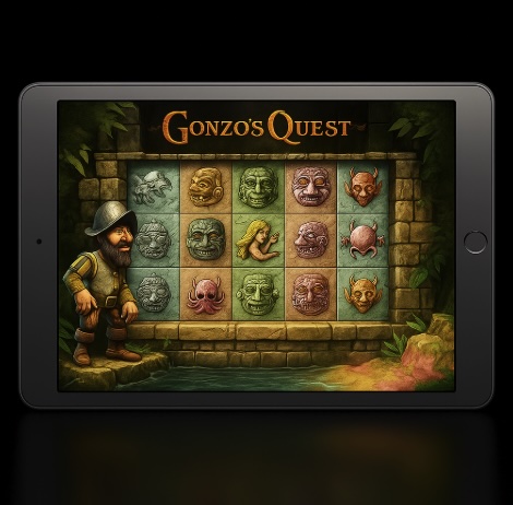 Black background with an ipad in the centre with a Gonzo's Quest themed slot game on the screen