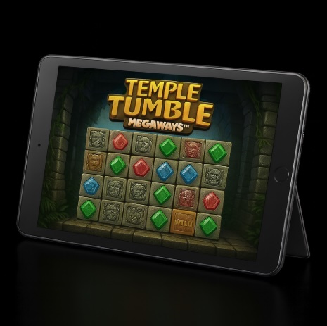 A back background with an ipad in the centre, on the screen is an online slot game similar to TEMPLE TUMBLE MEGAWAYS
