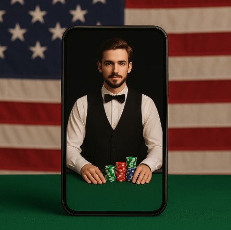 A background of the american flag with a mobile phone on a green felt top table, on the screen is a make croupier standing at s green felt table with stacks of ooloured poker chips