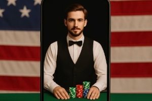 A background of the American flag with a mobile phone on a green felt top table, on the screen is a make croupier standing at s green felt table with stacks of ooloured poker chips
