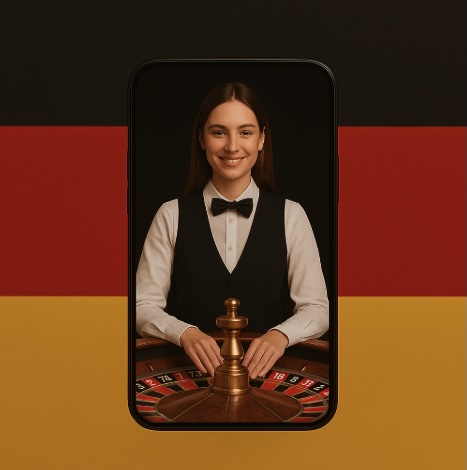 An image of a mobile phone in the centre with a female croupier standing behind a roulette wheel and the background is the German flag