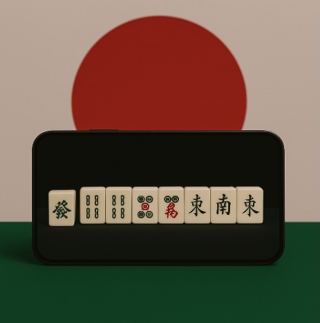 The background is the Japanese flag and in the centre is a mobile phone with Mahjong tiles on the screen