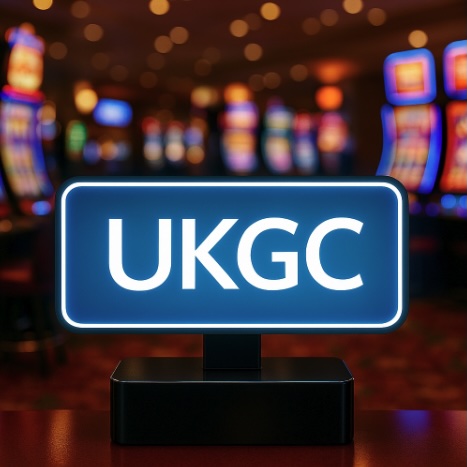 The nackground is set in a casino, at the front there is a black based sign with a blue sign and UKGC written on it in white text