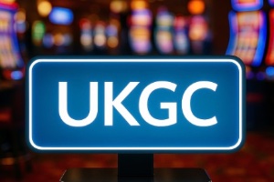 The nackground is set in a casino, at the front there is a black based sign with a blue sign and UKGC written on it in white text