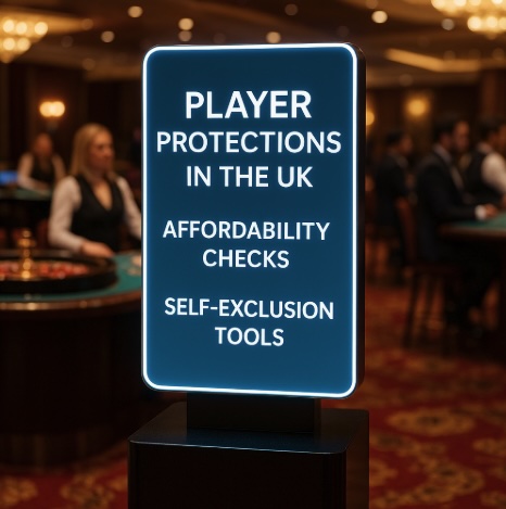 The background is set in a casino, there is a blue backed sign with white writing saying PLAYER PROTECTIONS IN THE UK, AFFORDABILITY CHECKS and SELF-EXCLUSION TOOLS