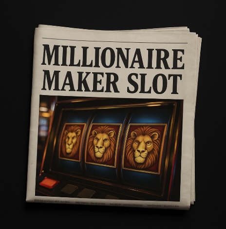 The background is black with a newspaper in the centre, on the front page in bold black text it says MILLIONAIRE MAKER SLOT with a picture of 3 lions on a slot reel matching