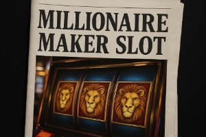 The background is black with a newspaper in the centre, on the front page in bold black text it says MILLIONAIRE MAKER SLOT with a picture of 3 lions on a slot reel matching