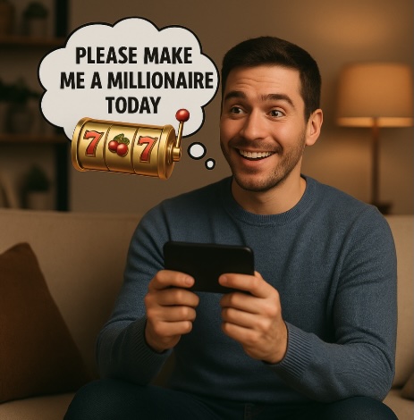 A man sitting in his lounge room playing on his mobile phone, in a thought bubble by his head in bold text it says PLEASE MAKE ME A MILLIONAIRE TODAY with a gold slots reel underneath 