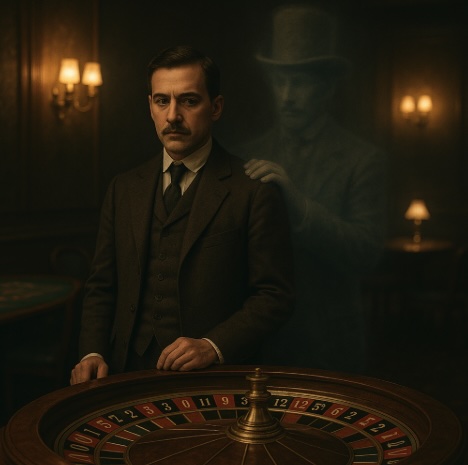 Set in a dimly lit casino setting, a man is sitting at a roulette table with a ghostly figure behind him tapping him on the shoulder