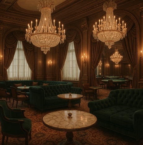 The inside of a luxury casino setting with live dealer tables in the background as luxurious furniture and long draped curtains