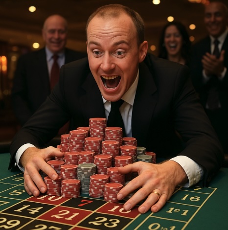 Set in a casino, a man dressed in a suit is standing exciting looking at his pile of pokere chips on a roulette table by his winning number 7