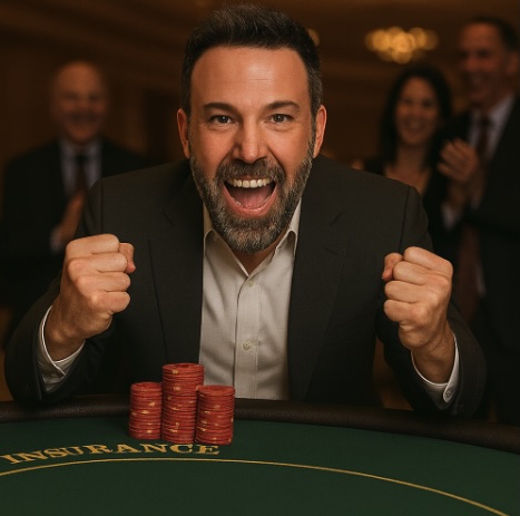 A man wearing a suit and open neck shirt sitting at a blackjack table in a casino celebrating his win