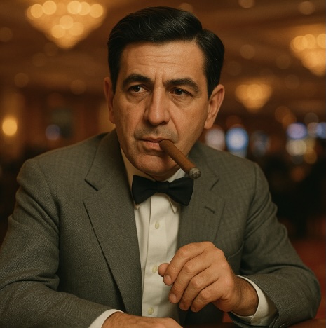 An image of a man sitting in a casino wearing a grey suit, white shirt and black bow tie with a cigar in his mouth