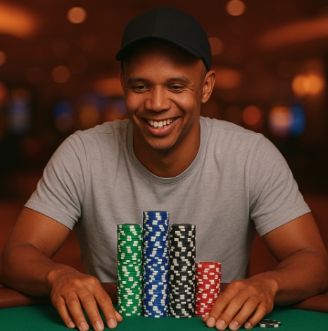 An image of a man wearing a grey tshirt and black baseball cap sat at a live dealer table with a stack of poker chips in a casino