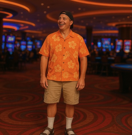 An image of a tourist visiting a casino wearing an orange hawaiian shirt, sand coloured cargo short, a black baseball cap backwards and socks with sandals