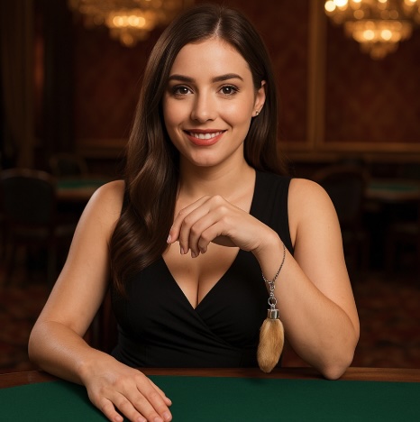 An image of a woman wearing a black dress sitting at a live dealer table in a casino with a lucky rabbit foot charm on her wrist on a short chain