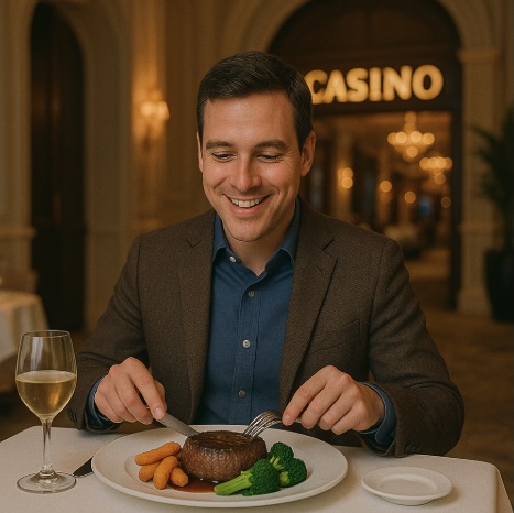 A man sitting in a restaurant easting a steak with carrots and broccoli before heading into the casino to play some games