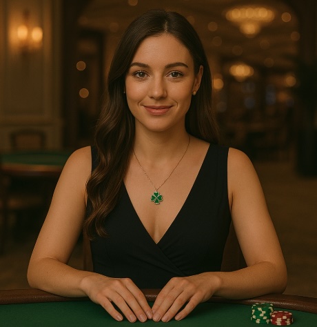 An image of a woman sitting in a casino setting wearing a four leaf clover necklace for good luck