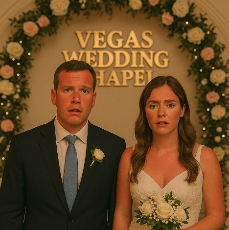 An image of a man and woman standing in the Vegas wedding chapel looking confused as they just got married and have suntan marks