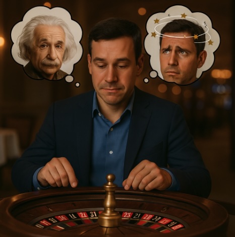 An image of a man sitting at a roulete wheel in a casino with two thought bubbles above him, the left one is showing a genius and the right one shows the same man looking dizzy