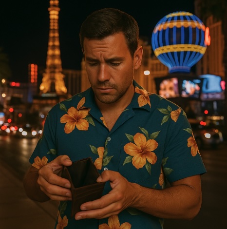 An image of a man dressed in a hawaiian shirt looking in his wallet seeing that it is empty after a weekend away in Vegas
