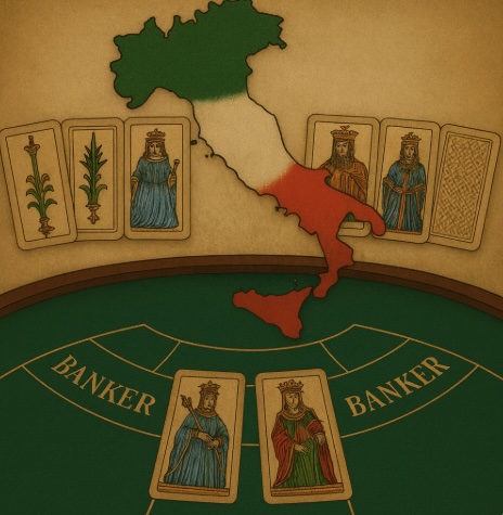 An old style image of a baccarat style table with a map of Italy in the italian colours and tarot cards around the map and on the table