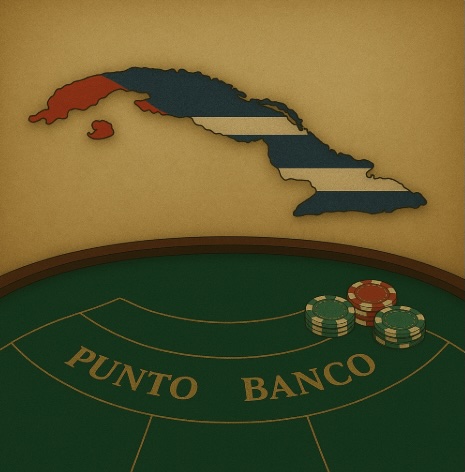 An image of a Punto Banko style table with poker chips on it and a map above of Cuba in the cuban colours