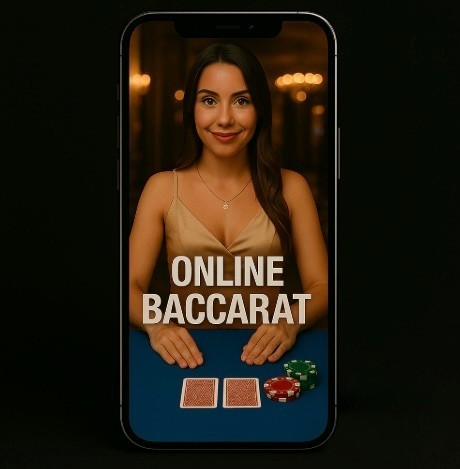 An image of a mobile phone in the centre of a black background, on the screen there is a female croupier standing by a blue felt table with two cards face down, red and green poker chips and white text saying ONLINE BACARRAT