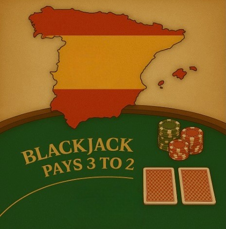 An old style image of a green felt table with poker chips and playing cards on the table. There is a map of Spain in the spanish colours above the table and white text on the table saying BLACKJACK PAYS 3 TO 2
