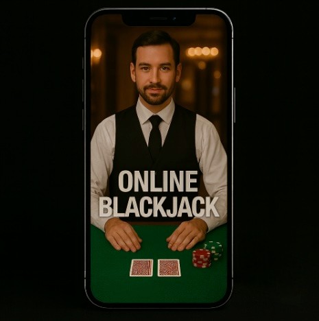 An image with a solid black background, in the centre is a mobile phone with a male croupier standing behind a green felt table with 2 face down playing cards, red and green poker chips and white text saying ONLINE BLACKJACK