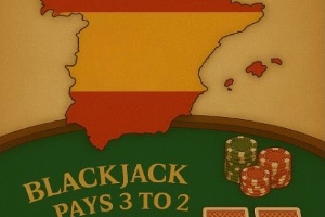 An old style image of a green felt table with poker chips and playing cards on the table. There is a map of Spain in the spanish colours above the table and white text on the table saying BLACKJACK PAYS 3 TO 2