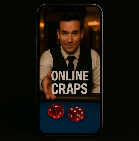 A black background with a male croupier throwing 2 red transparent dice across a blue felt ganes table and white text saying ONLINE CRAPS