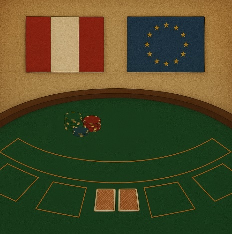 A green felt games table with 2 playing cards face down on it, above the table are the flags for Peru and Europe