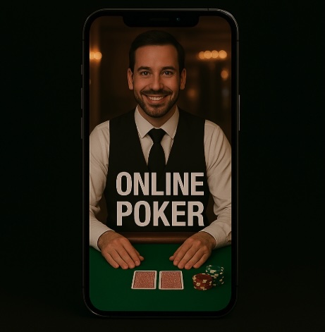 A male croupier standing by a green felt table with 2 playing cards and poker chips on the screen of the mobile phone in the middle of a black background