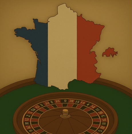 An old style image of a green felt table with a roulette wheel in the middle and a map of France in the french colours above the wheel